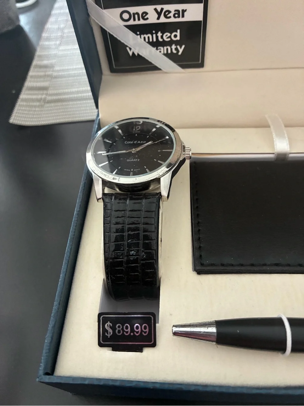 Cote d'Azar Men's Black Watch Gift Set with Wallet, Keychain & Pen